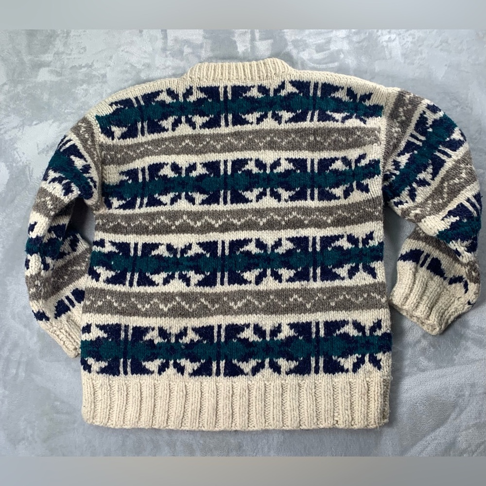 Men's Cream and Navy Patterned Crewneck Sweater - Picture 3 of 11